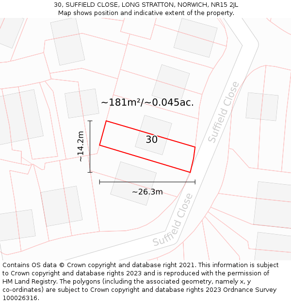 30, SUFFIELD CLOSE, LONG STRATTON, NORWICH, NR15 2JL: Plot and title map