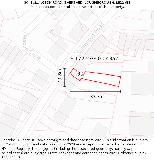 30, SULLINGTON ROAD, SHEPSHED, LOUGHBOROUGH, LE12 9JG: Plot and title map