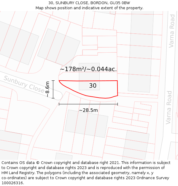 30, SUNBURY CLOSE, BORDON, GU35 0BW: Plot and title map