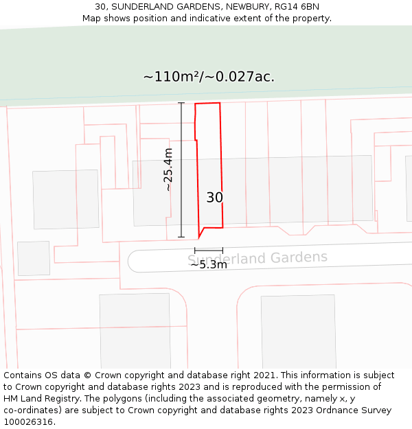 30, SUNDERLAND GARDENS, NEWBURY, RG14 6BN: Plot and title map