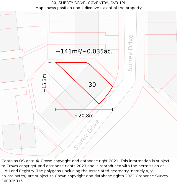30, SURREY DRIVE, COVENTRY, CV3 1PL: Plot and title map