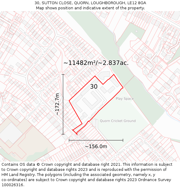 30, SUTTON CLOSE, QUORN, LOUGHBOROUGH, LE12 8GA: Plot and title map