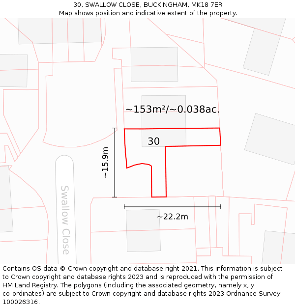 30, SWALLOW CLOSE, BUCKINGHAM, MK18 7ER: Plot and title map