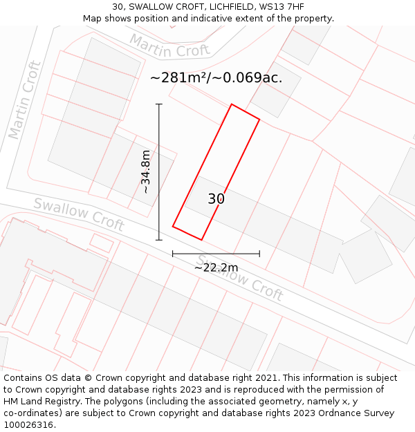 30, SWALLOW CROFT, LICHFIELD, WS13 7HF: Plot and title map