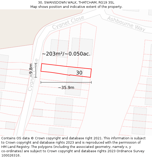 30, SWANSDOWN WALK, THATCHAM, RG19 3SL: Plot and title map
