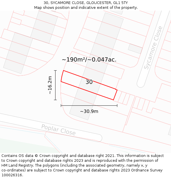 30, SYCAMORE CLOSE, GLOUCESTER, GL1 5TY: Plot and title map