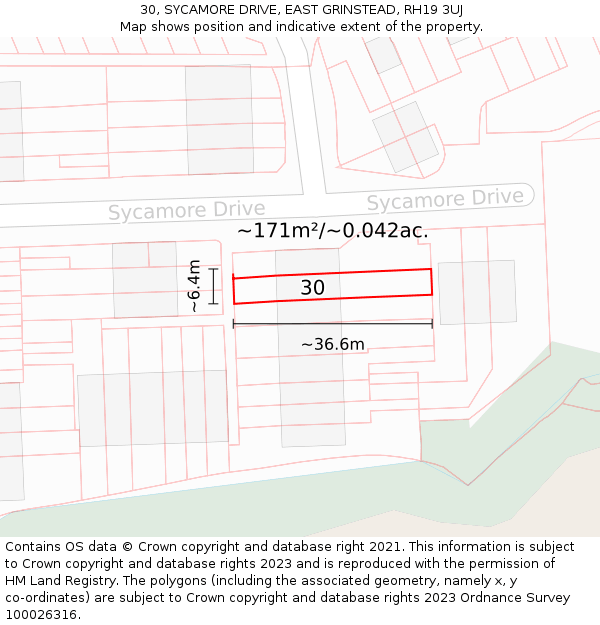 30, SYCAMORE DRIVE, EAST GRINSTEAD, RH19 3UJ: Plot and title map