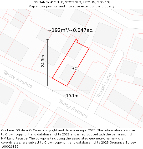 30, TANSY AVENUE, STOTFOLD, HITCHIN, SG5 4GJ: Plot and title map