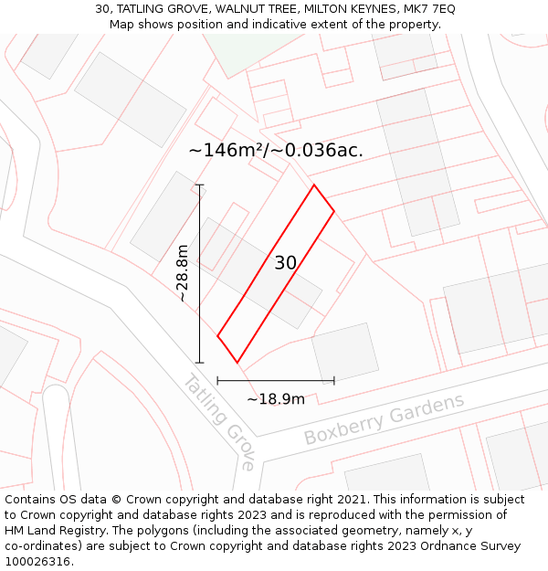 30, TATLING GROVE, WALNUT TREE, MILTON KEYNES, MK7 7EQ: Plot and title map