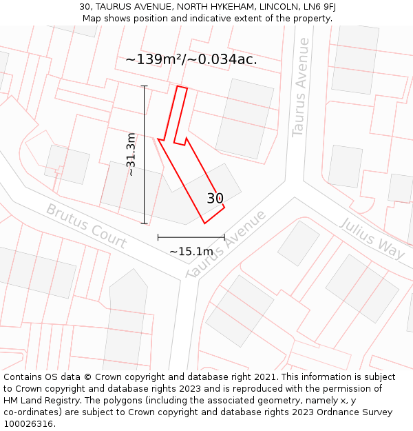 30, TAURUS AVENUE, NORTH HYKEHAM, LINCOLN, LN6 9FJ: Plot and title map
