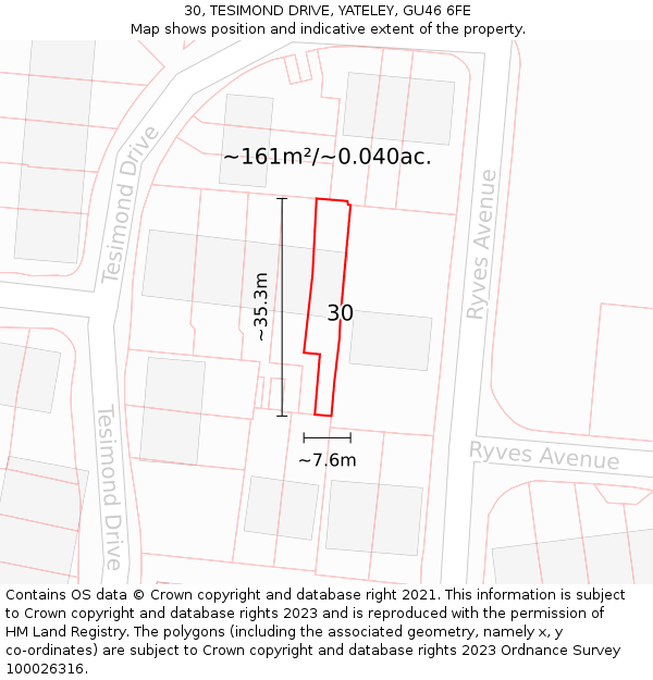 30, TESIMOND DRIVE, YATELEY, GU46 6FE: Plot and title map