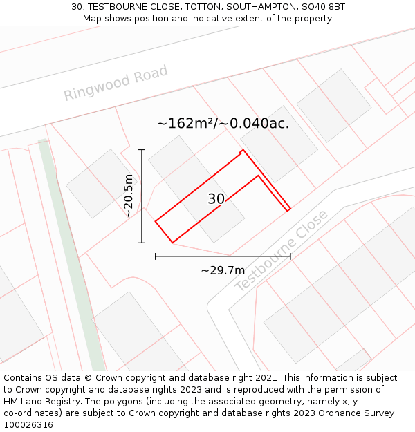30, TESTBOURNE CLOSE, TOTTON, SOUTHAMPTON, SO40 8BT: Plot and title map