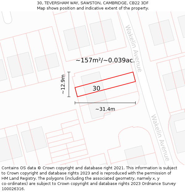 30, TEVERSHAM WAY, SAWSTON, CAMBRIDGE, CB22 3DF: Plot and title map