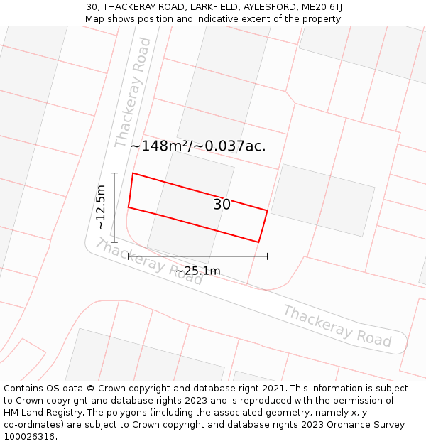 30, THACKERAY ROAD, LARKFIELD, AYLESFORD, ME20 6TJ: Plot and title map