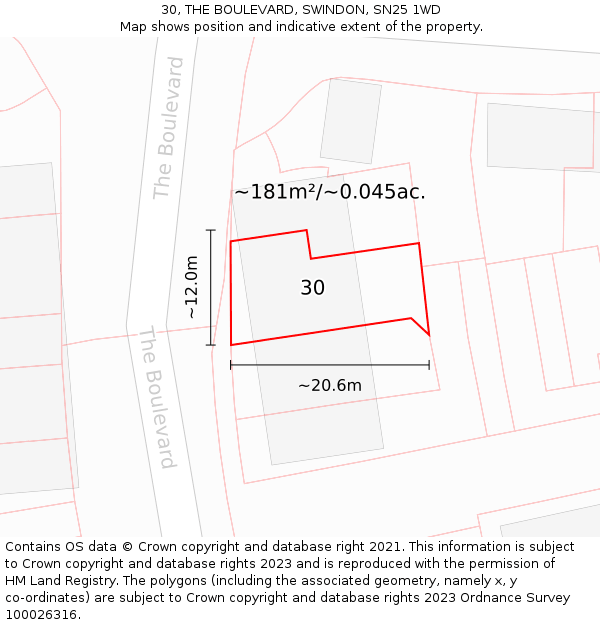 30, THE BOULEVARD, SWINDON, SN25 1WD: Plot and title map