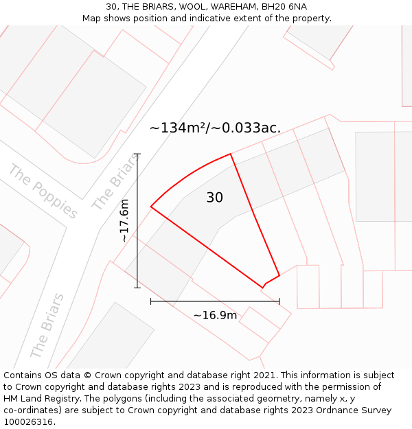 30, THE BRIARS, WOOL, WAREHAM, BH20 6NA: Plot and title map
