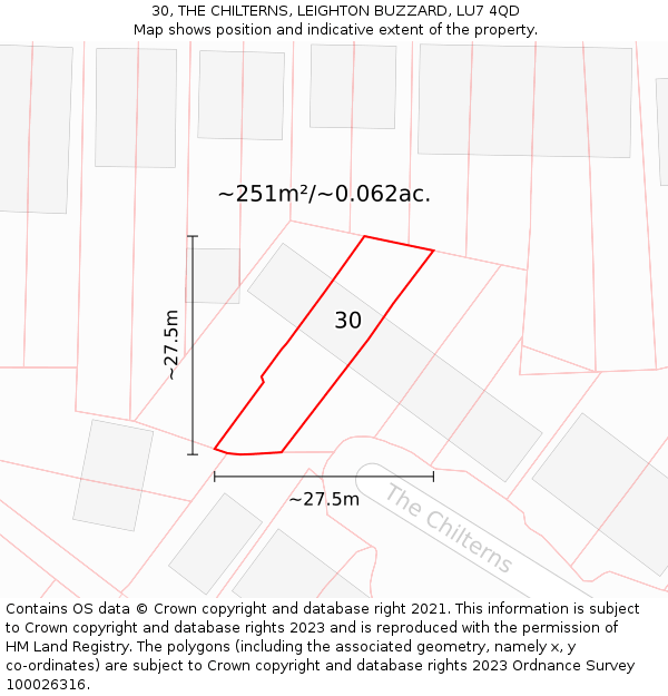 30, THE CHILTERNS, LEIGHTON BUZZARD, LU7 4QD: Plot and title map