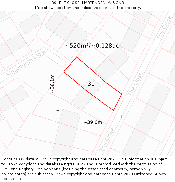 30, THE CLOSE, HARPENDEN, AL5 3NB: Plot and title map