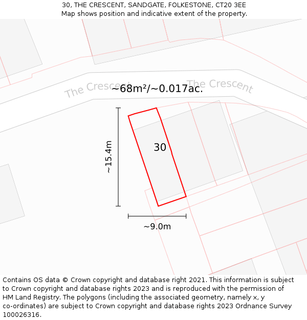 30, THE CRESCENT, SANDGATE, FOLKESTONE, CT20 3EE: Plot and title map