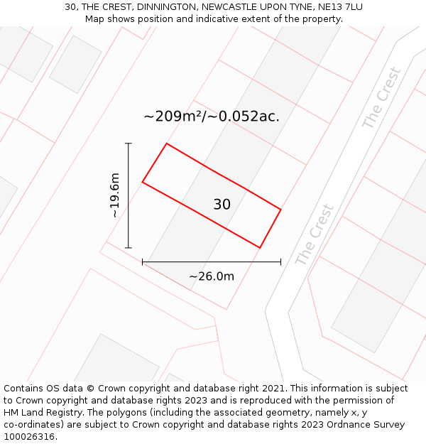 30, THE CREST, DINNINGTON, NEWCASTLE UPON TYNE, NE13 7LU: Plot and title map
