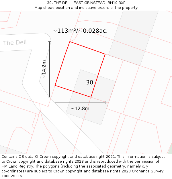 30, THE DELL, EAST GRINSTEAD, RH19 3XP: Plot and title map