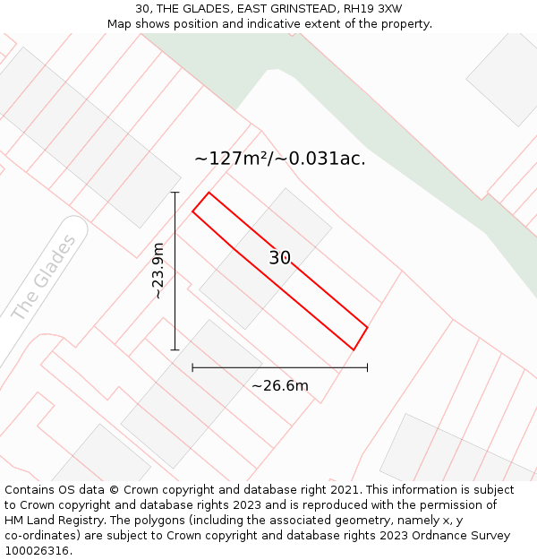 30, THE GLADES, EAST GRINSTEAD, RH19 3XW: Plot and title map