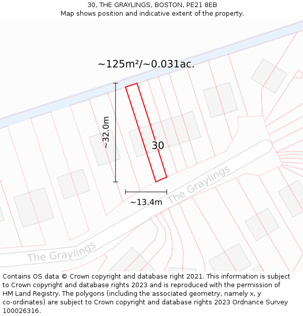 30, THE GRAYLINGS, BOSTON, PE21 8EB: Plot and title map