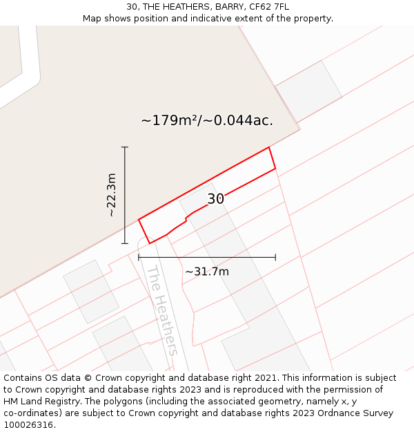 30, THE HEATHERS, BARRY, CF62 7FL: Plot and title map