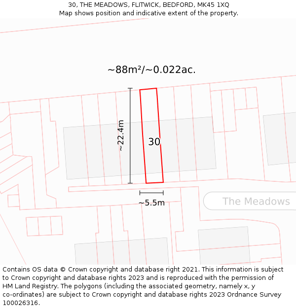 30, THE MEADOWS, FLITWICK, BEDFORD, MK45 1XQ: Plot and title map
