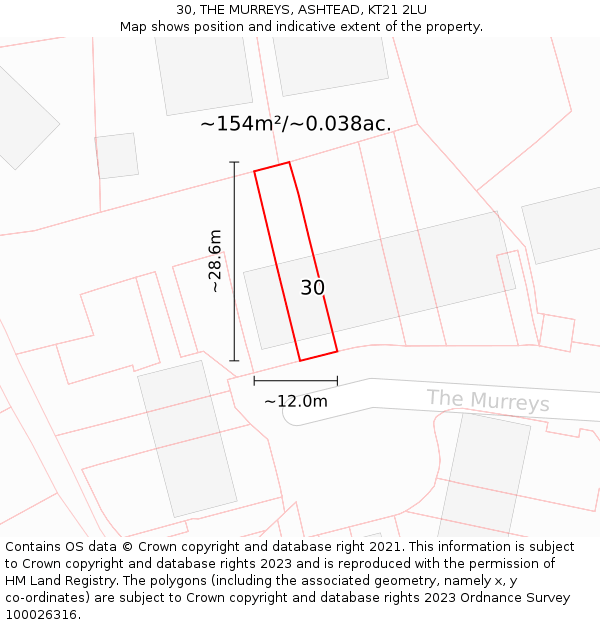 30, THE MURREYS, ASHTEAD, KT21 2LU: Plot and title map