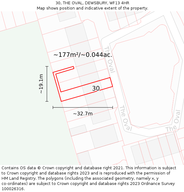 30, THE OVAL, DEWSBURY, WF13 4HR: Plot and title map