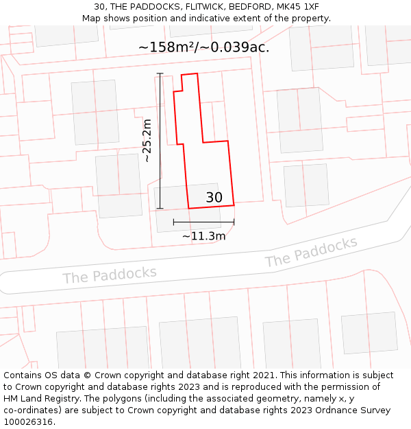 30, THE PADDOCKS, FLITWICK, BEDFORD, MK45 1XF: Plot and title map