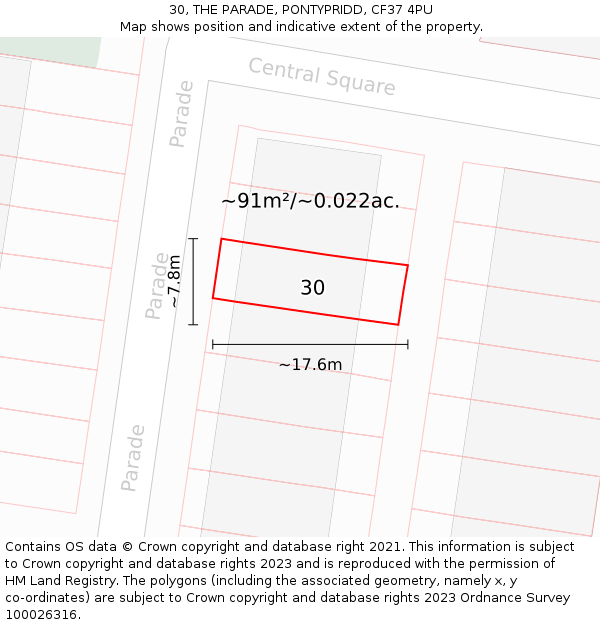 30, THE PARADE, PONTYPRIDD, CF37 4PU: Plot and title map