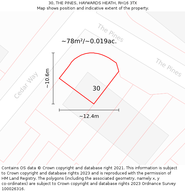 30, THE PINES, HAYWARDS HEATH, RH16 3TX: Plot and title map