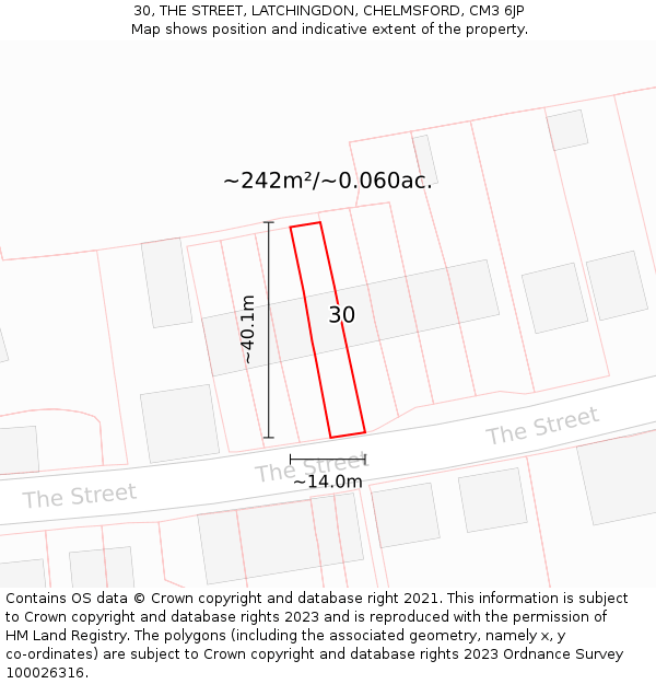 30, THE STREET, LATCHINGDON, CHELMSFORD, CM3 6JP: Plot and title map