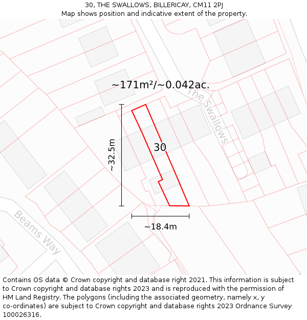 30, THE SWALLOWS, BILLERICAY, CM11 2PJ: Plot and title map