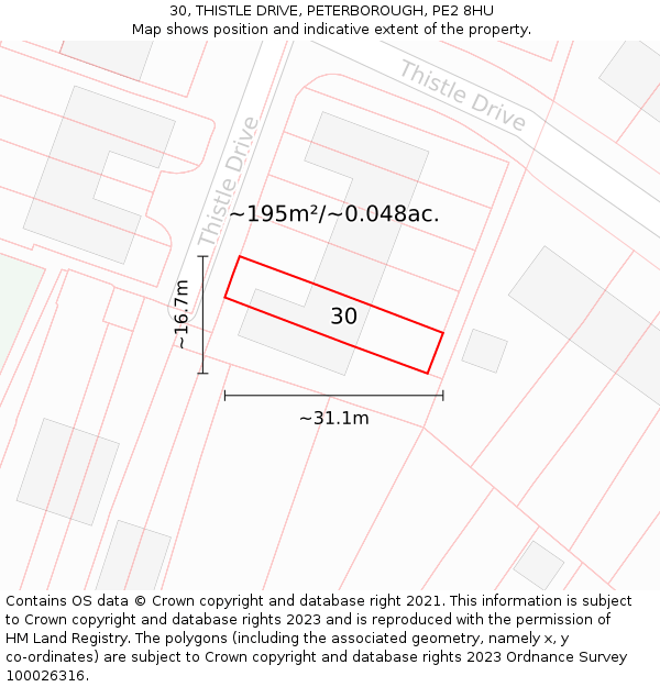 30, THISTLE DRIVE, PETERBOROUGH, PE2 8HU: Plot and title map