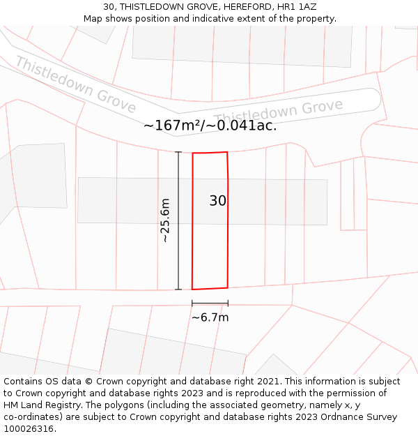 30, THISTLEDOWN GROVE, HEREFORD, HR1 1AZ: Plot and title map