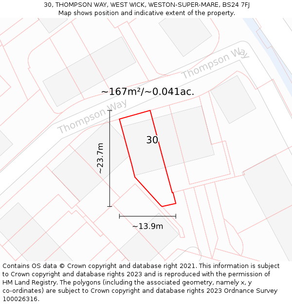 30, THOMPSON WAY, WEST WICK, WESTON-SUPER-MARE, BS24 7FJ: Plot and title map