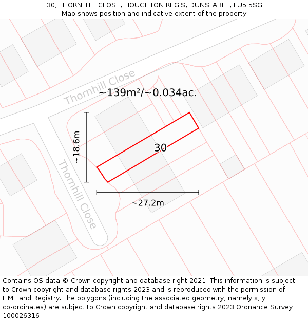 30, THORNHILL CLOSE, HOUGHTON REGIS, DUNSTABLE, LU5 5SG: Plot and title map