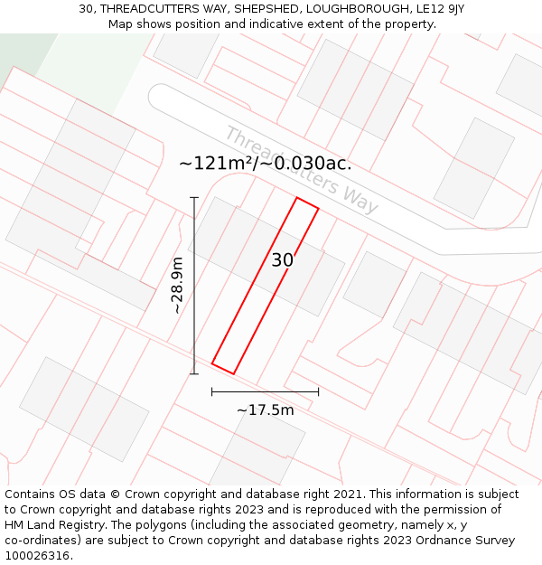 30, THREADCUTTERS WAY, SHEPSHED, LOUGHBOROUGH, LE12 9JY: Plot and title map