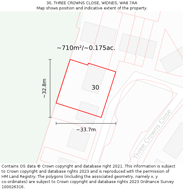 30, THREE CROWNS CLOSE, WIDNES, WA8 7AA: Plot and title map