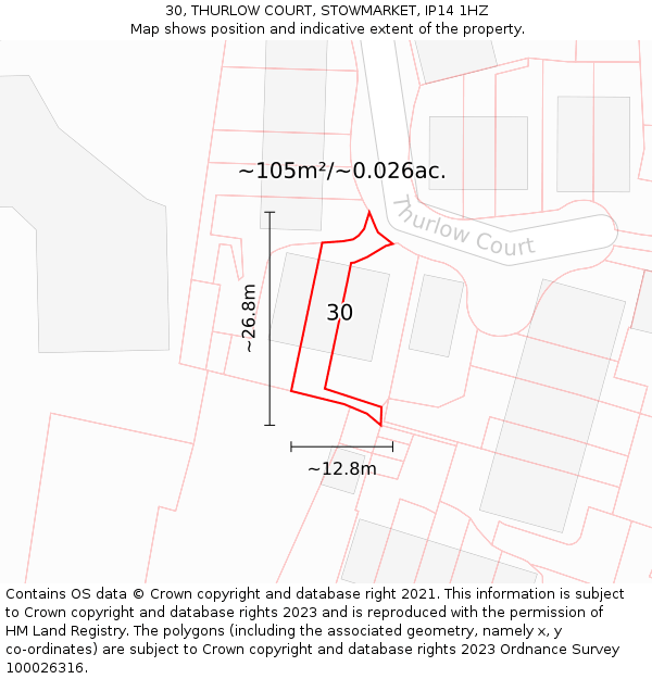 30, THURLOW COURT, STOWMARKET, IP14 1HZ: Plot and title map