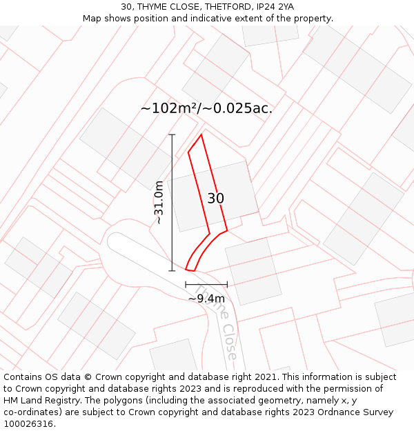 30, THYME CLOSE, THETFORD, IP24 2YA: Plot and title map