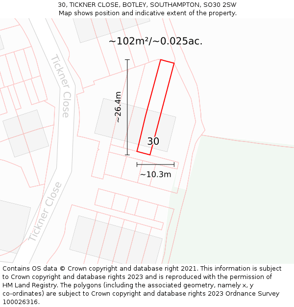 30, TICKNER CLOSE, BOTLEY, SOUTHAMPTON, SO30 2SW: Plot and title map