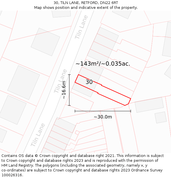 30, TILN LANE, RETFORD, DN22 6RT: Plot and title map