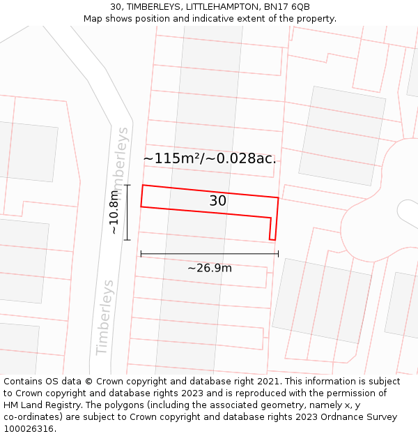 30, TIMBERLEYS, LITTLEHAMPTON, BN17 6QB: Plot and title map