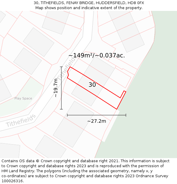 30, TITHEFIELDS, FENAY BRIDGE, HUDDERSFIELD, HD8 0FX: Plot and title map