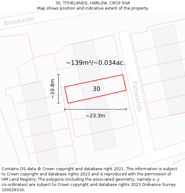 30, TITHELANDS, HARLOW, CM19 5NA: Plot and title map