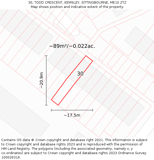 30, TODD CRESCENT, KEMSLEY, SITTINGBOURNE, ME10 2TZ: Plot and title map